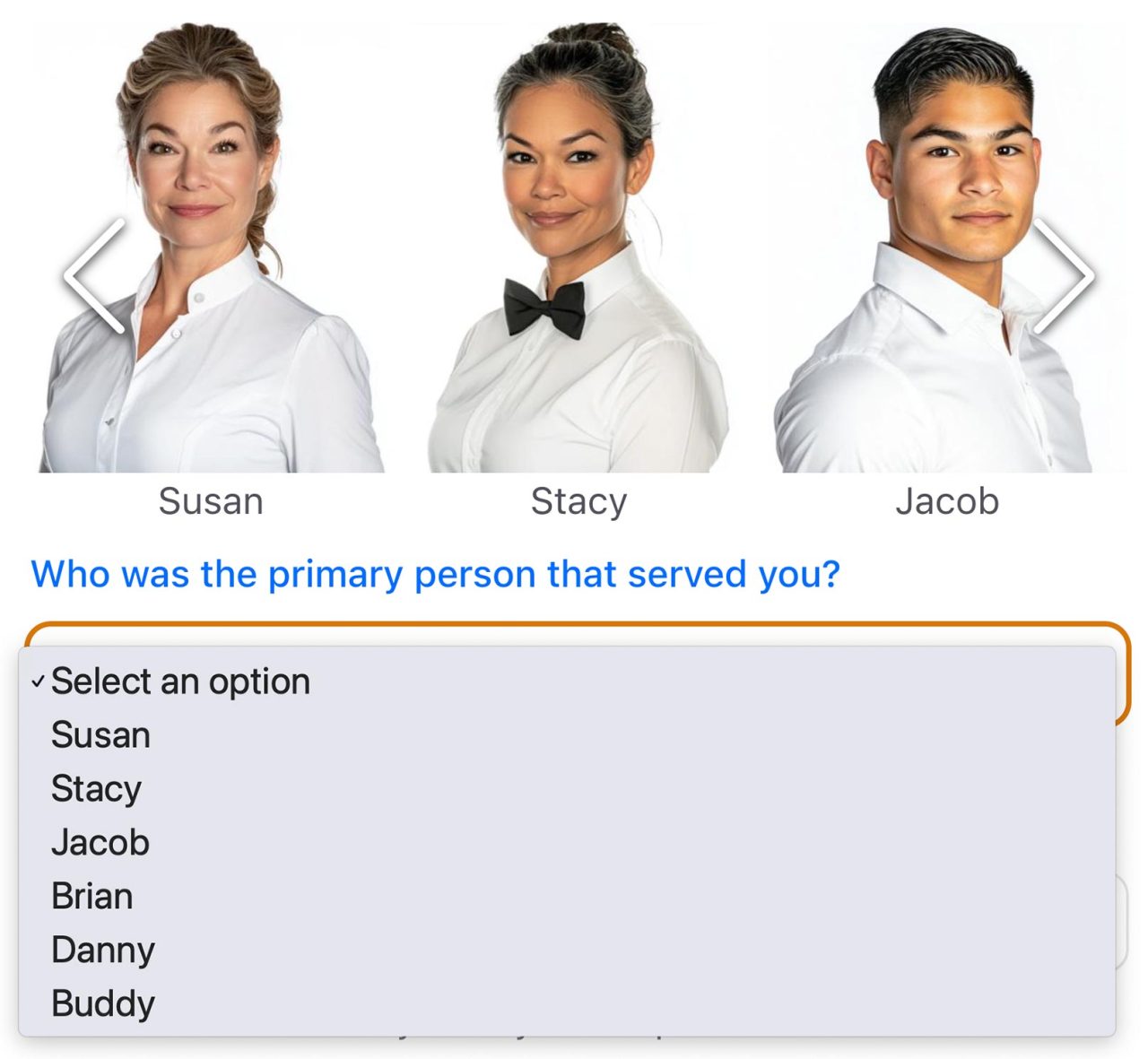 A staff photo selector for identifying who served the customer